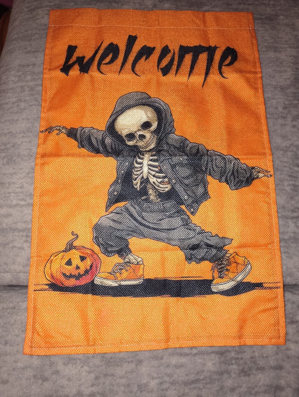 Halloween Welcome Garden Flag - Orange Skeleton Dancing Design